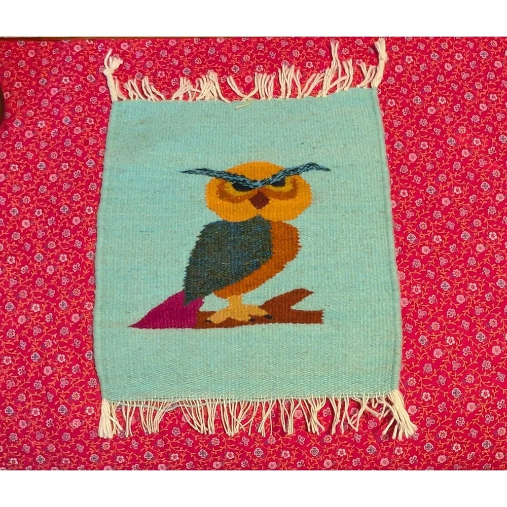 Hand Woven Wool Owl Tapestry Wall Hanging Tapestry Fiber Art Turquoise Boho MCM
